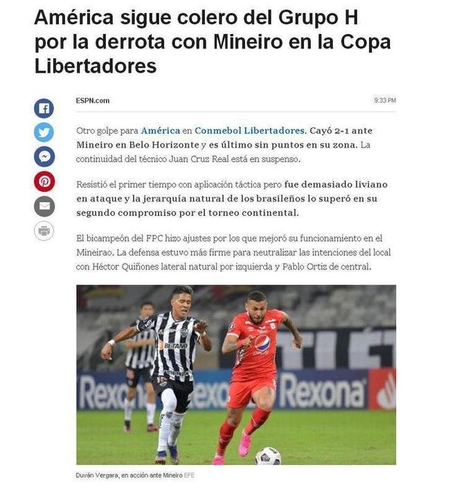 A ESPN da Colômbia destaca que o técnico Juan Cruz Real ficou ainda mais ameaçado de demissão após a derrota no Mineirão