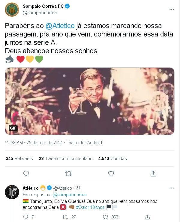 Atltico recebeu mensagens de clubes, jogadores, torcedores e jornalistas