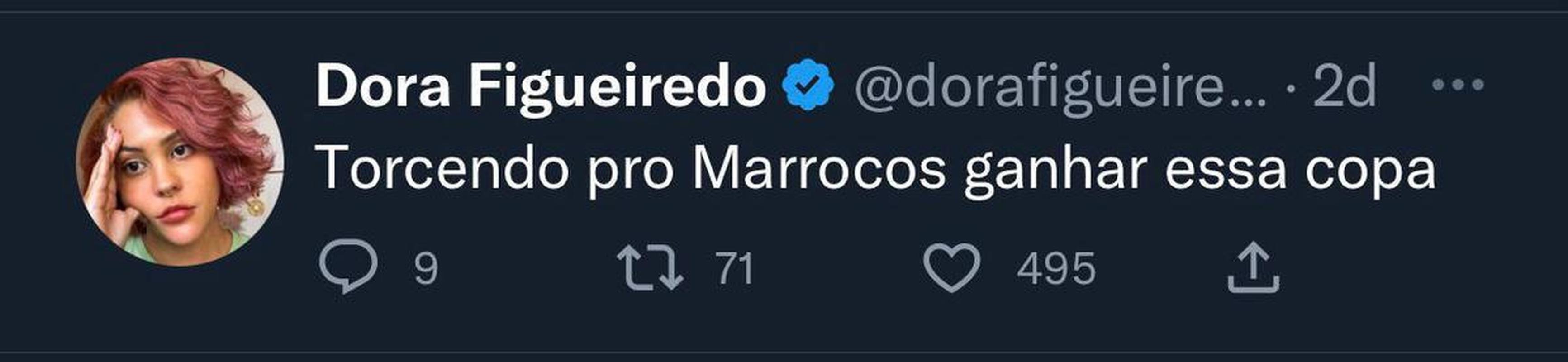 Influenciadora Dora Figueiredo afirmou que torcer para o Marrocos 