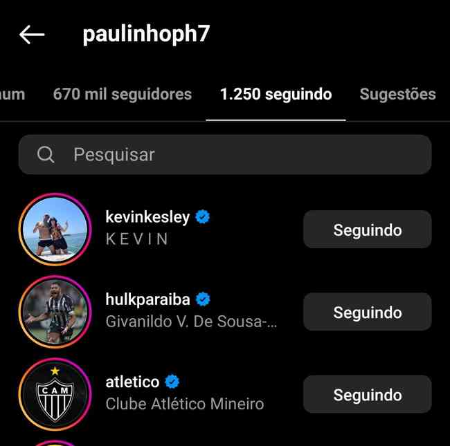 Instagram do atacante Paulinho: Galo e Hulk adicionados durante a manh de tera-feira (13/9)