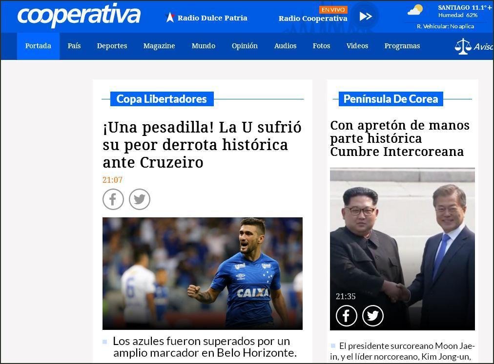 Manchetes dos veculos de comunicao do Chile. Rdio Cooperativa