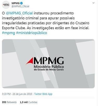 Em 26 de junho, o MP iniciou uma investigação para apurar possíveis irregularidades praticadas por dirigentes do Cruzeiro