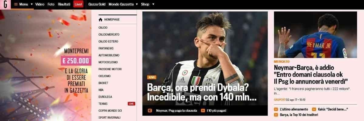 Gazzetta dello Sport j especula uma proposta do Barcelona por Dybala com o dinheiro que entrar da venda de Neymar