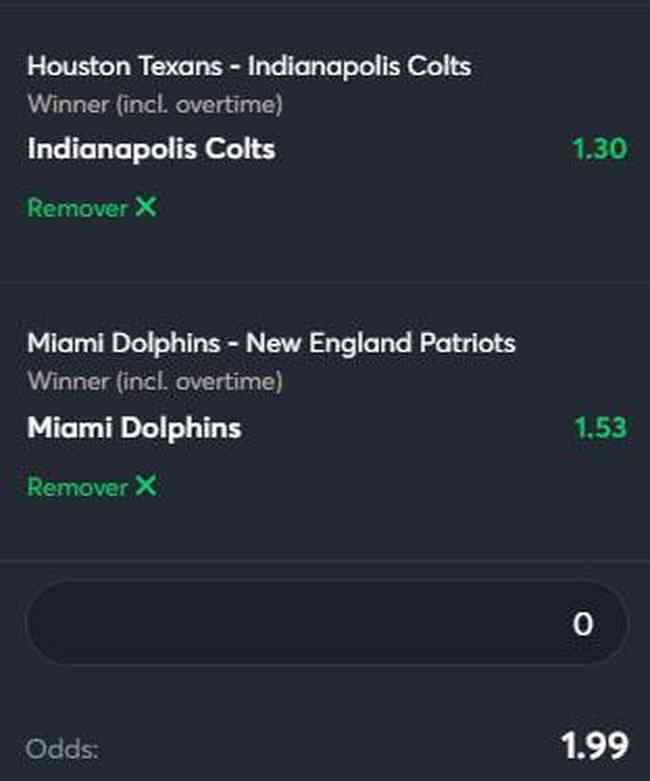 Indianapolis Colts beat Houston Texans, Miami Dolphins beat New England Patriots (1.99 odds) - S.