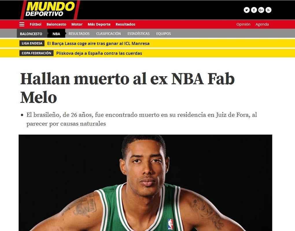 Jornal Mundo Deportivo, de Barcelona, relatou morte de Fab Melo e relembrou sua trajetria