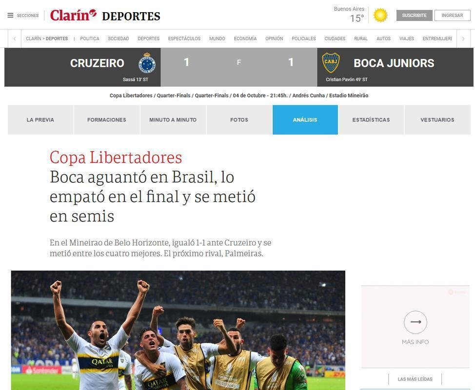 Clarn: 'Boca aguentou no Brasil, empatou no final e avanou s semifinais'