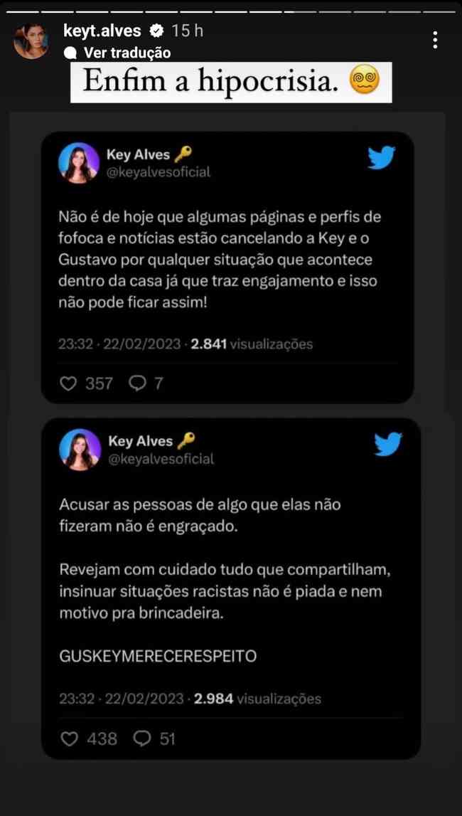 Keyt Alves reepublicou nota do Twitter oficial da irm