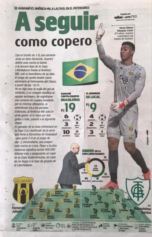 'Para seguir como copeiro': jornal Color ABC destaca o retrospecto do Guaraní como mandante contra equipes brasileiras