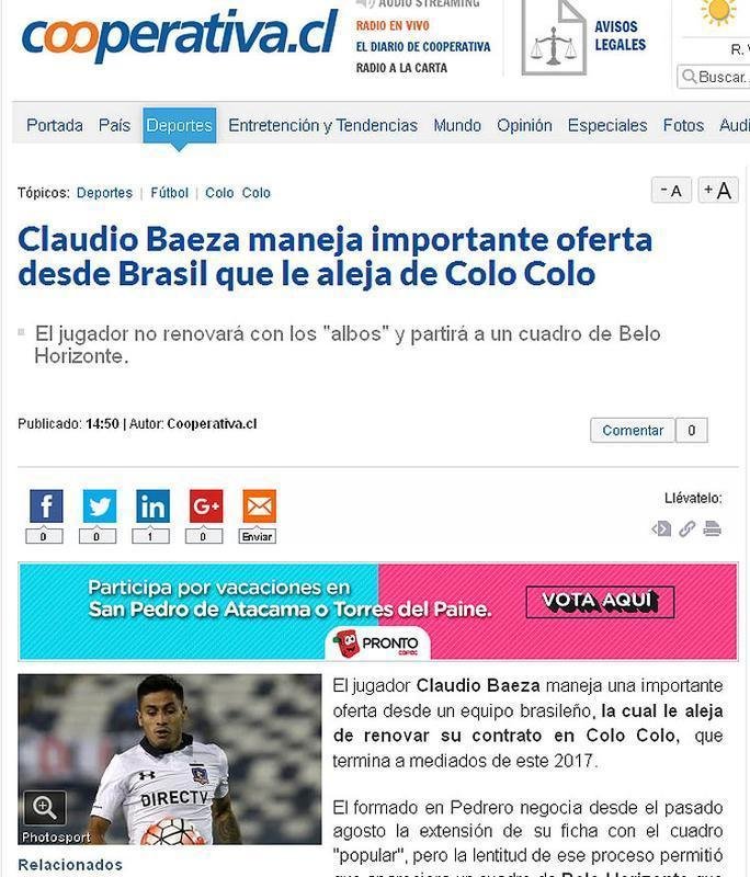 Veculos chilenos anunciam proposta do Atltico por volante Claudio Baeza, do Colo Colo