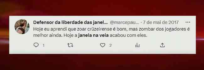 Tweet citado por Thiago Reis em que frequentador da janela admite ter insultado jogadores do Cruzeiro