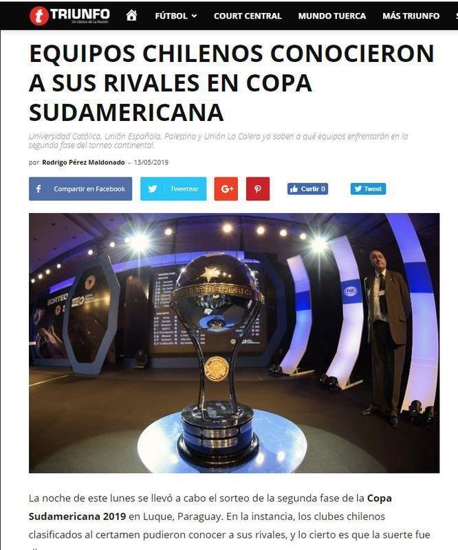 La Nacin: 'Unin La Calera, que avanou aps eliminar na primeira fase da Sul-Americana a Chapecoense, ter o adversrio mais difcil, pois tenra que enfrentar outro brasileiro, o Atltico'.