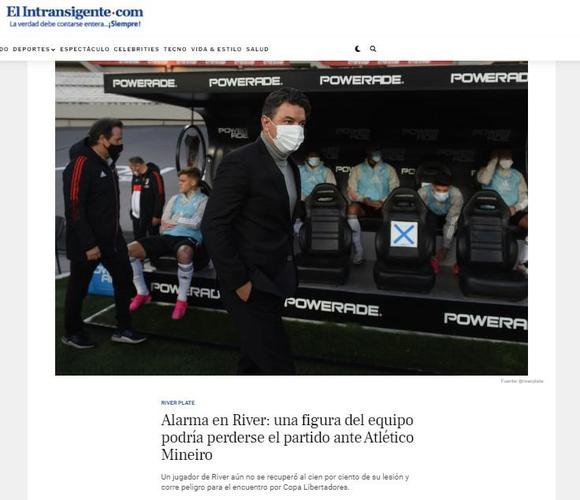 El Intransigente destaca 'alarme' no River: De La Cruz pode ficar de fora contra o Atlético, ainda que esteja relacionado, por lesão muscular