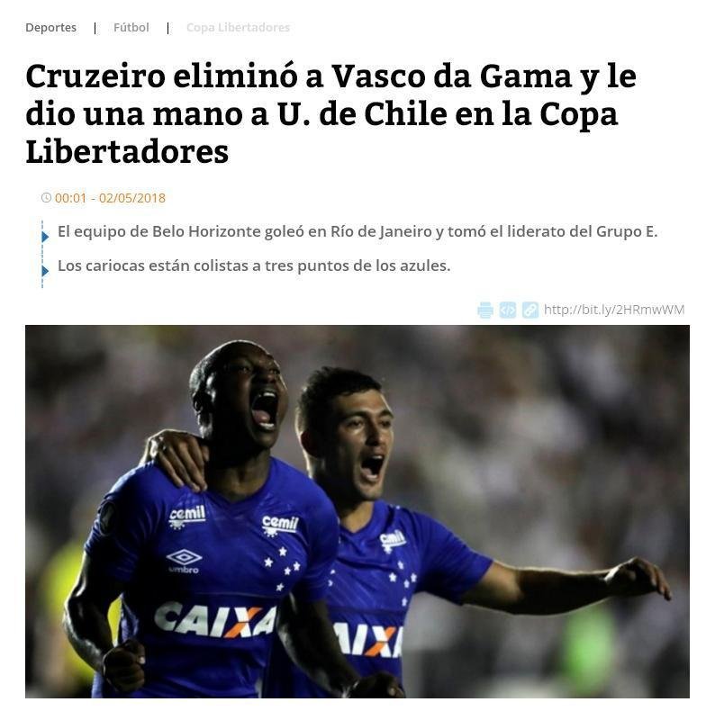 RDIO COOPERATIVA, Chile - Cruzeiro eliminou Vasco e deu uma mo  La U. No entendimento da emissora, resultado deixou Universidad de Chile em condio de avanar desde que vena seus dois jogos.