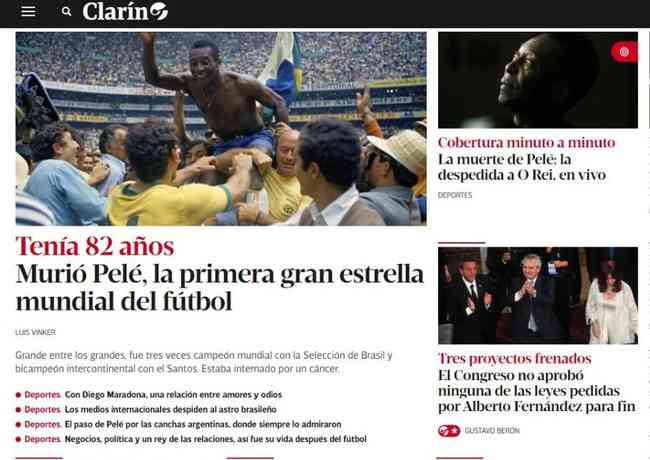 Capa do Clarn, da Argentina, noticiando a morte de Pel e chamando-o de primeira grande estrela do futebol mundial