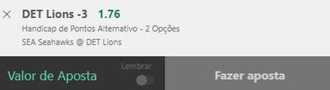 Lions -3 contra o Seahawks (odd 1.76) - Lions vem fazendo boas exibies, apesar de ter s uma vitria em trs jogos. O Seahawks, por sua vez, no consegue encaixar, especialmente ofensivamente. Acreditamos em vitria tranquila dos donos da casa. Para nossa entrada bater, a equipe precisa vencer por quatro pontos de diferena.