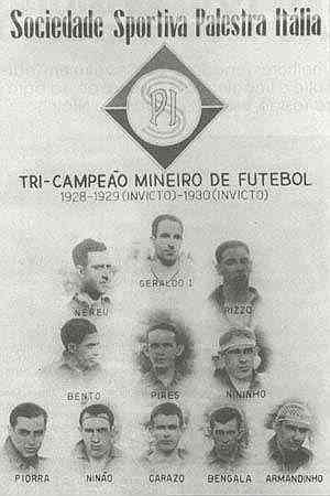 Geraldo, no topo do imagem, defendeu o Cruzeiro/Palestra Itália de 1927 e 1945 e atuou em 257 jogos. 