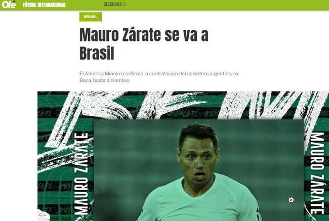 Diario Ol destacou que Zrate 'definiu seu futuro' trs meses aps deixar o Boca Juniors; o portal ressalta que o Amrica 'colocar suas esperanas no atacante para se manter na categoria mais alta do futebol brasileiro'