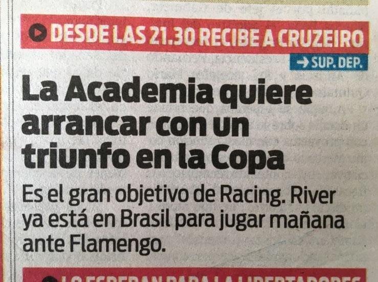Imprensa argentina registrou estreia de Racing e Cruzeiro