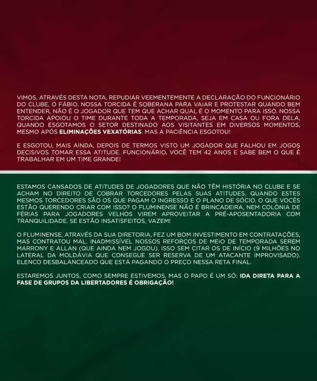 Nota oficial das torcidas organizadas do Fluminense