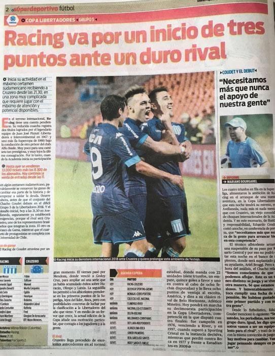 Imprensa argentina registrou estreia de Racing e Cruzeiro