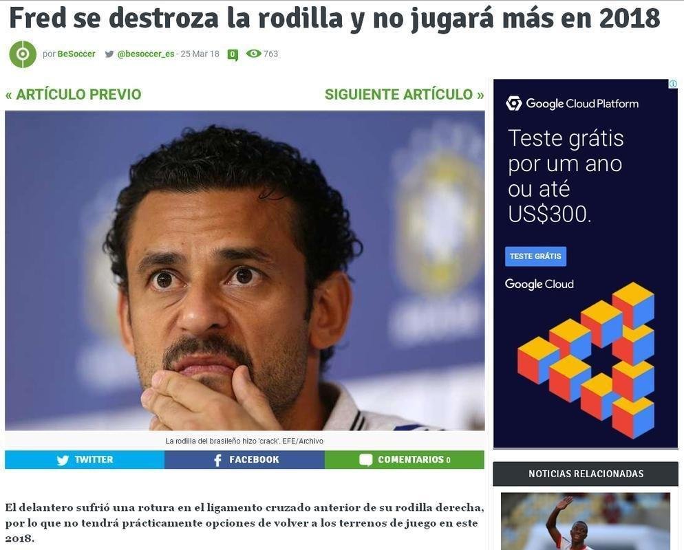 Grave leso de Fred ganhou destaque na imprensa internacional