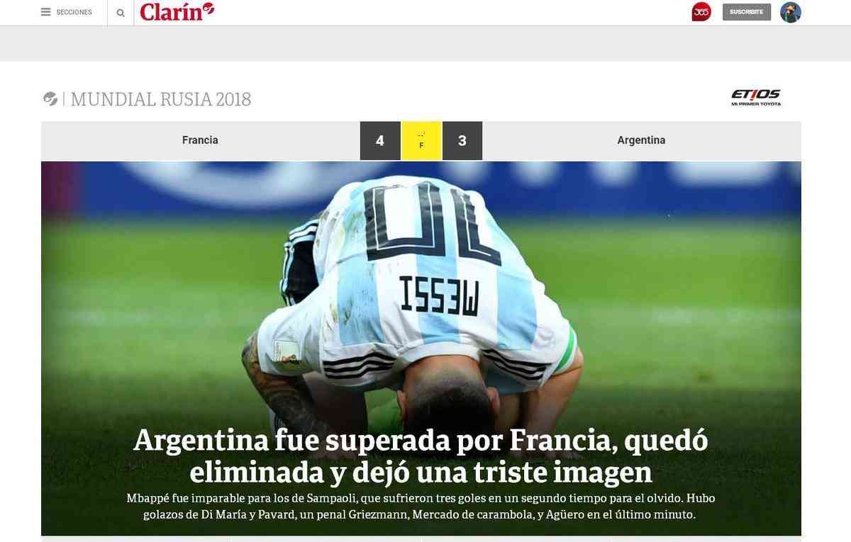 Clarn, da Argentina: 'Seleo Argentina foi superada pela Frana, acabou eliminada e deixou uma triste imagem'