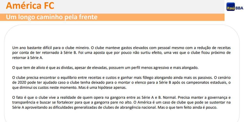 Avaliação do Itaú sobre as finanças do América