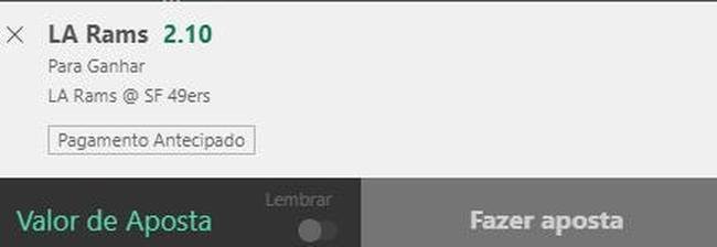 Rams vence 49ers (odd 2.10) - Duelo divisional e de muita rivalidade. O 49ers  apontado como favorito, mas tem um ataque muito fraco, que no mostrou muita coisa na temporada. O Rams, atual campeo, tem fora ofensiva para bater de frente com a forte defesa adversria, e, provavelmente, vai ser dominante defensivamente. Por isso, acreditamos na vitria dos visitantes.