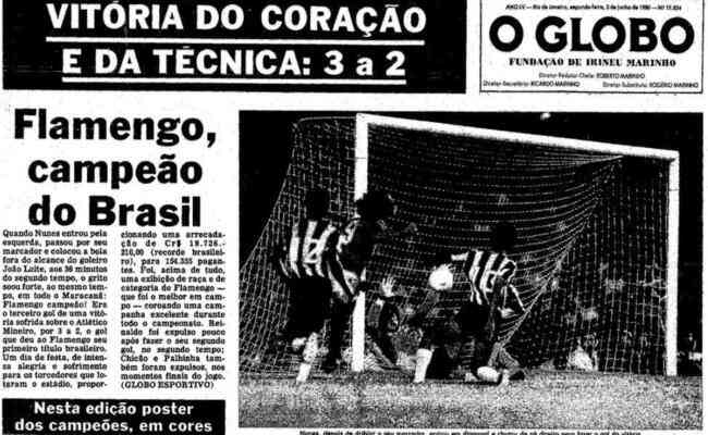 Capa do jornal O Globo, do Rio de Janeiro, destaca ttulo do Flamengo; reclamaes do Atltico sobre arbitragem tiveram pouco espao na edio