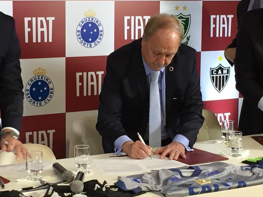 Presidentes e mascotes de Amrica, Atltico e Cruzeiro foram  fbrica da Fiat, em Betim, onde firmaram acordo comercial