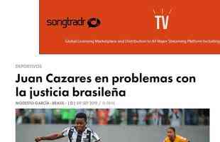 O site Extra citou a denncia de agresso do camisa 10 alvinegro e comentou os problemas de Cazares com a justia brasileira. 