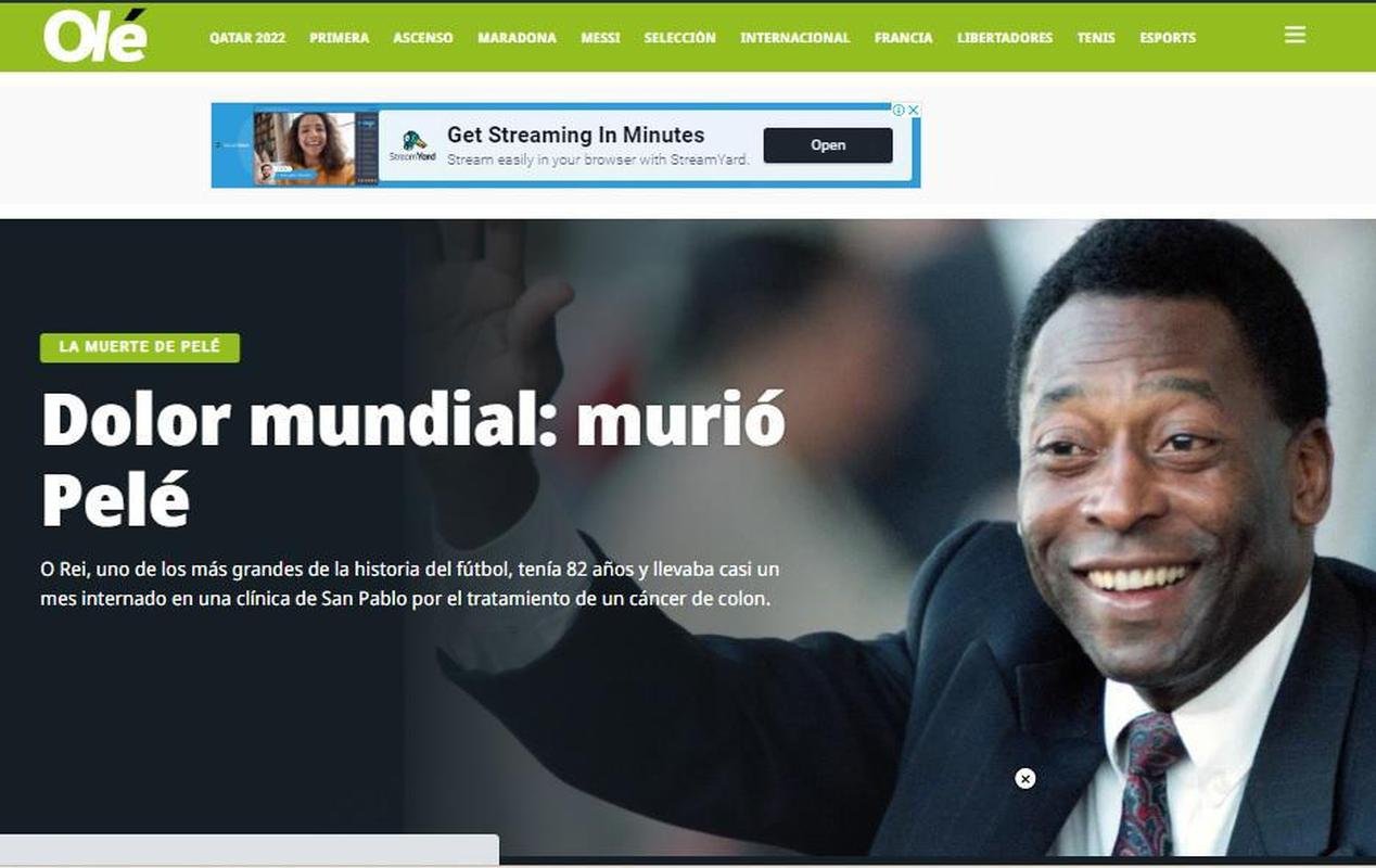 Dirio Ol, da Argentina: Dor mundial: morre Pel. O Rei, um dos maiores da histria do futebol, tinha 82 anos e estava h quase um ms internado em uma clnica de So Paulo, em tratamento de um cancr de clon