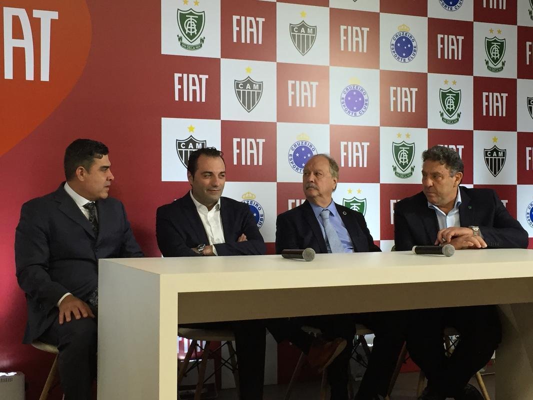 Presidentes e mascotes de Amrica, Atltico e Cruzeiro foram  fbrica da Fiat, em Betim, onde firmaram acordo comercial