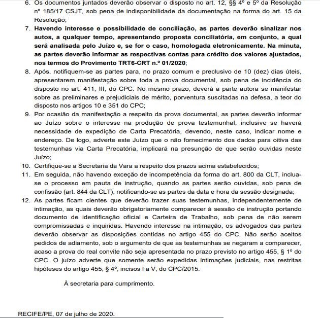 Despacho da juíza Carmen Lucia Vieira do Nascimento, do TRT