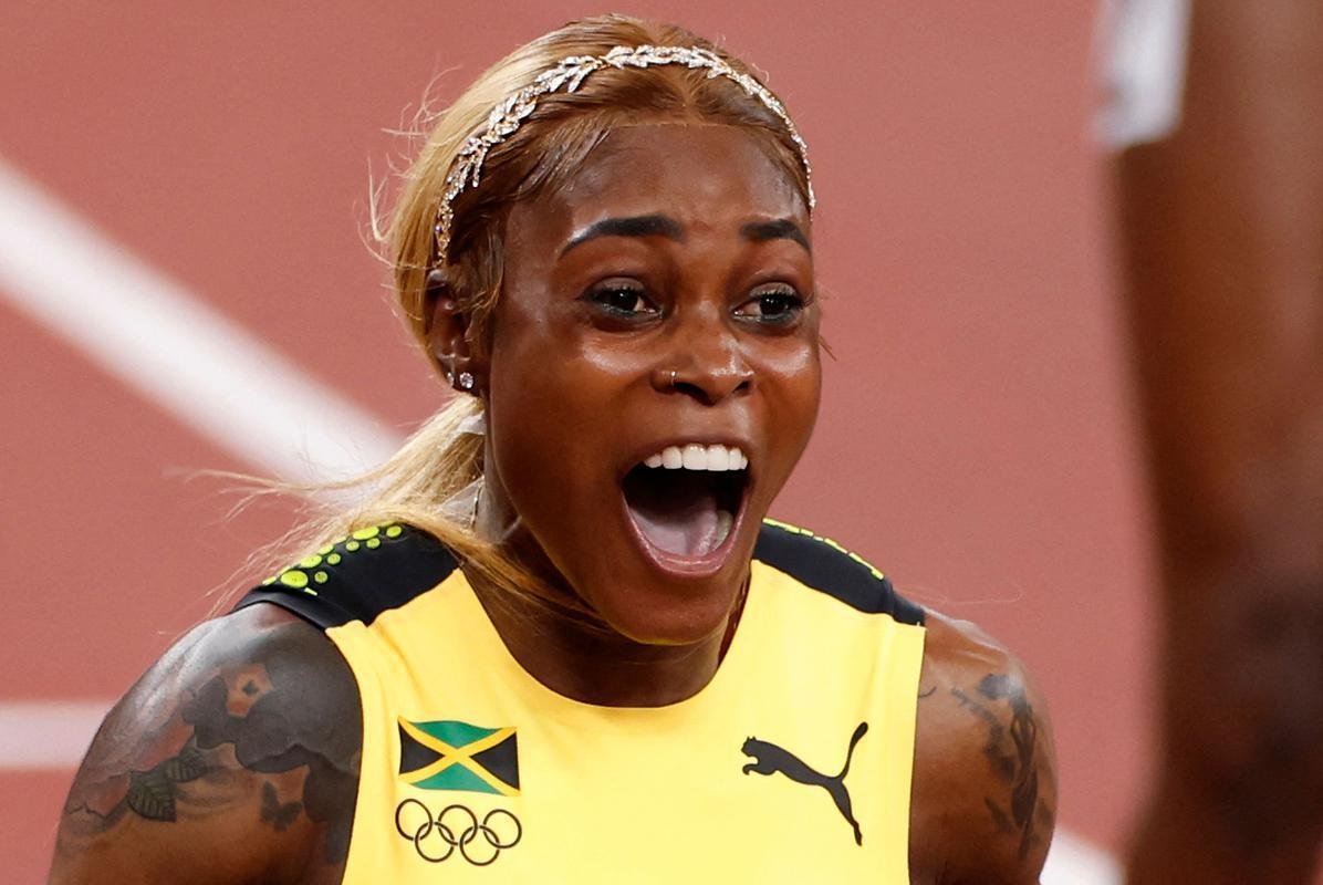 Fotos espetaculares da vitria da jamaicana Elaine Thompson-Herah nos 100m rasos dos Jogos Olmpicos de Tquio com o tempo de 10s61. A velocista quebrou o recorde olmpico e comandou o pdio jamaicano ao lado de Ann Fraser-Pryce, prata, e Shericka Jackson, bronze.