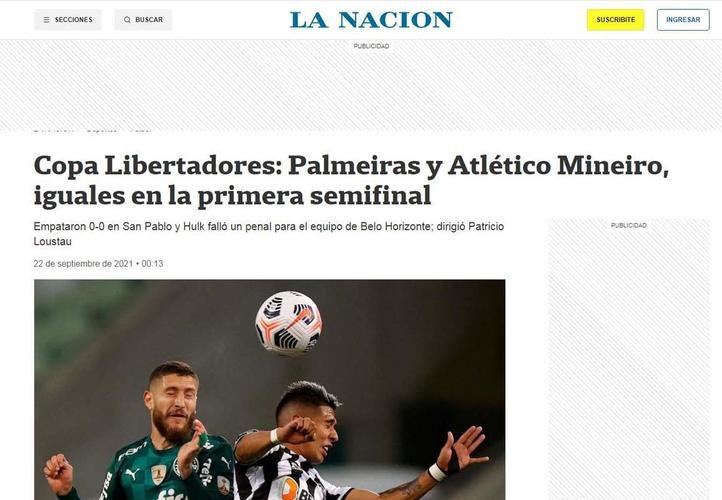 La Nación, da Argentina: 'Palmeiras e Atlético, iguais na primeira semifinal'
