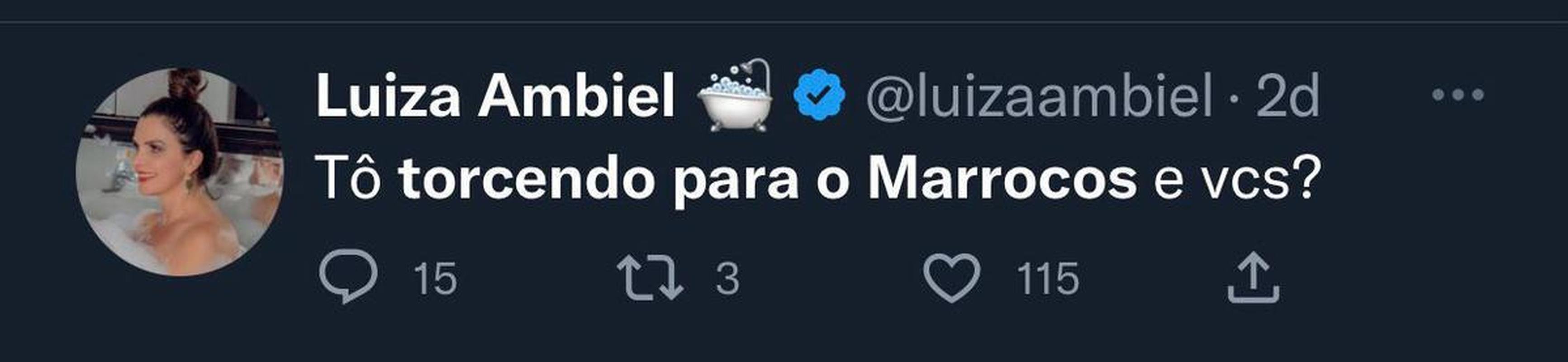 Atriz e produtora de TV, Luiza Ambiel diz que torcida vai para o Marrocos