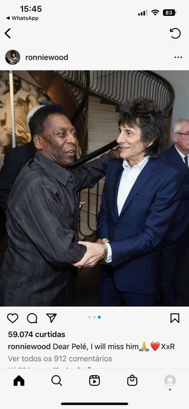 O guitarrista Ron Wood, do Rolling Stones, publicou: 'Querido Pel, eu vou sentir falta dele.'