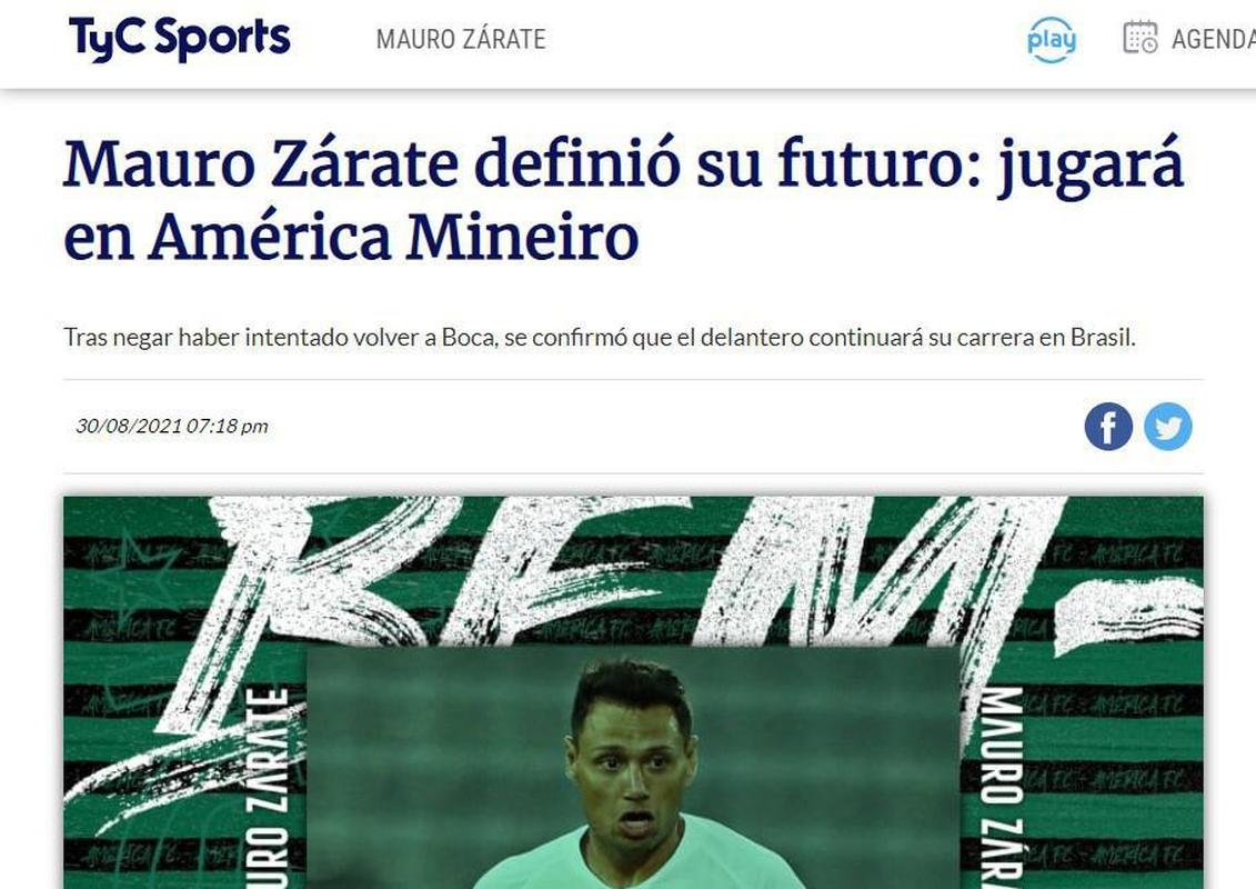 TyC Sports também destacou chegada de Zárate ao América; o portal destacou o papel do técnico Vagner Mancini, que conversou com o atacante durante as negociações
