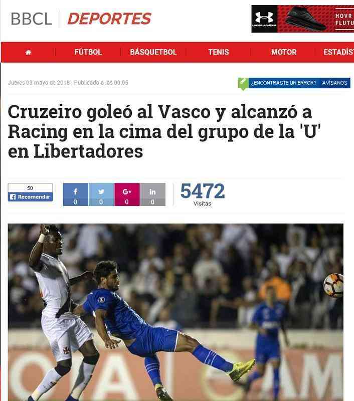 RDIO BIO BIO, Chile - Cruzeiro goleou Vasco e alcanou Racing na ponta do grupo da La U