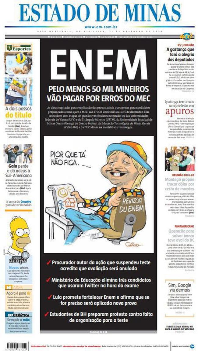 De nada adiantou o empate em Minas Gerais. No jogo de volta, o Atltico perdeu por 2 a 0, em So Paulo, e foi eliminado pelo Palmeiras. O revs foi destacado na capa do EM: 'Galo perde e d adeus  Sul-Americana'.