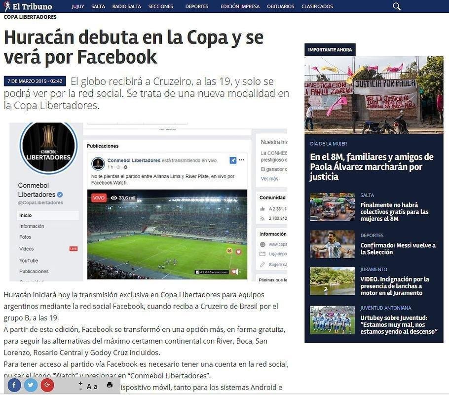 O Facebook fechou contrato at 2022 com a Conmebol para transmitir 46 partidas por ano na Copa Libertadores, dentre elas o jogo entre Huracn e Cruzeiro