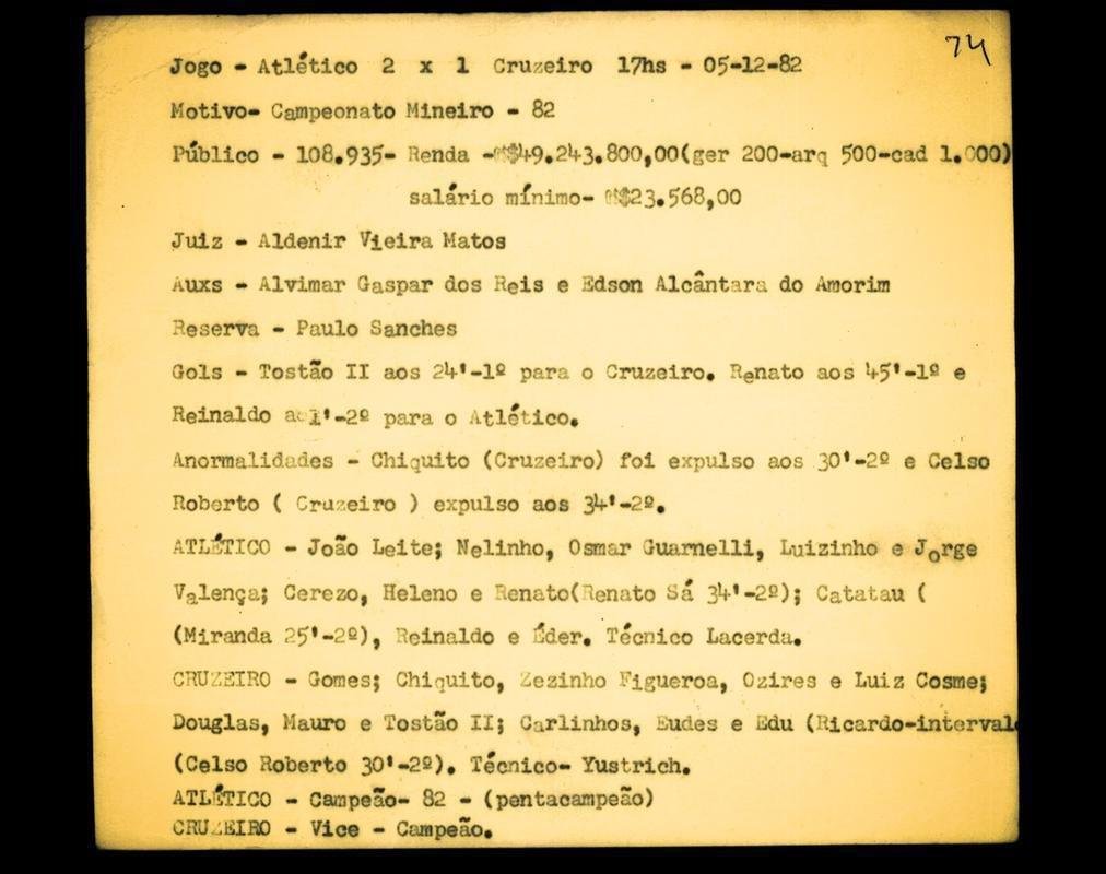 7 - Atltico 2 x 1 Cruzeiro (5 de dezembro de 1982, pelo Campeonato Mineiro) - 108.935 torcedores