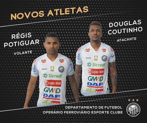 O Operrio anunciou as contrataes do volante Rgis Potiguar, que estava no So Caetano, e do atacante Douglas Coutinho, que estava no Seoul E-Land, da Coreia do Sul