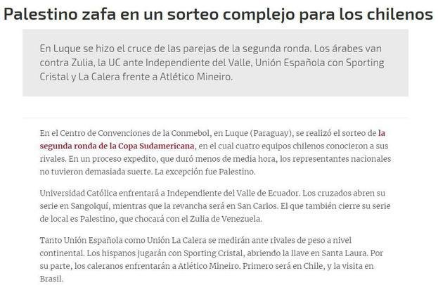 La Tercera: peridico frisa que o Unin La Calera-CHI enfrentar um 'rival de peso a nvel continental'.