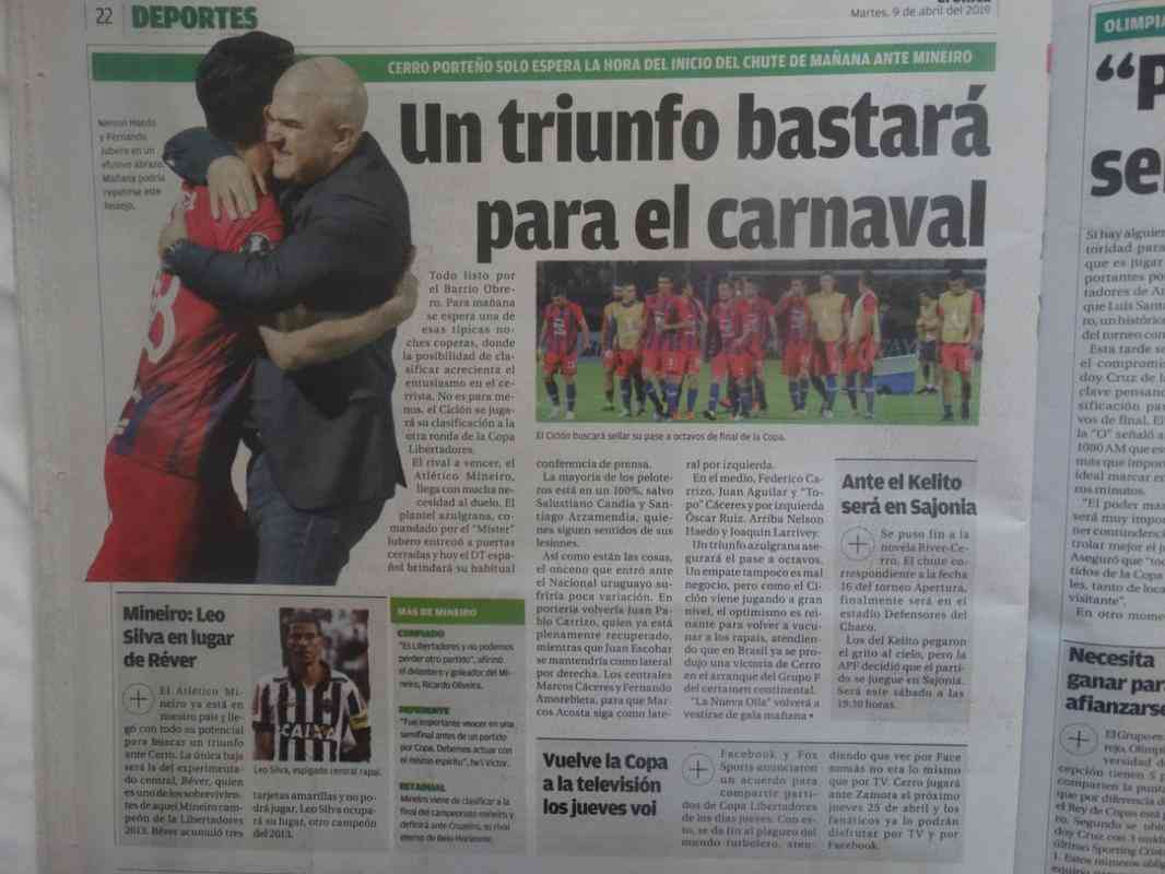 Imprensa paraguaia destaca jogo entre Cerro Porteo e Atltico. Pgina do jornal Crnica