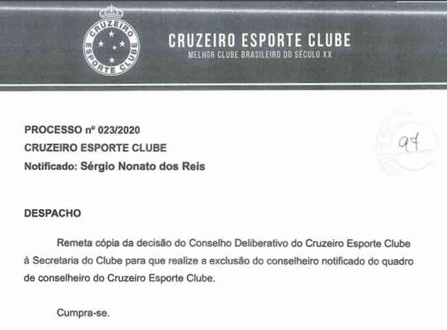 Despacho assinado por Dalai Rocha para oficializar expulsão de Sérgio Nonato