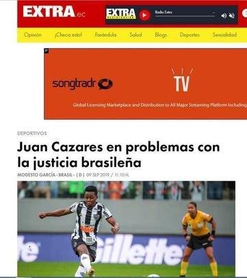 O site Extra citou a denúncia de agressão do camisa 10 alvinegro e comentou os problemas de Cazares com a justiça brasileira.