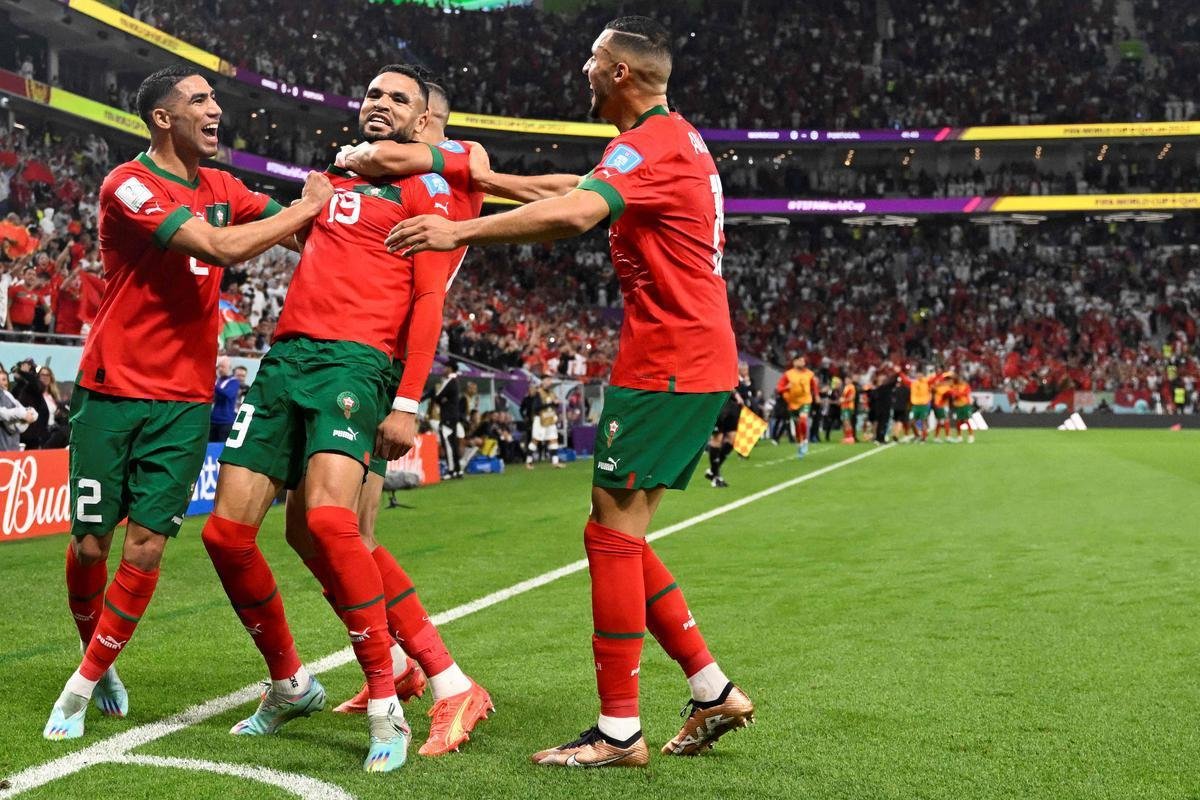 Fotos do gol de Youssef En-Nesyri, de Marrocos, sobre Portugal, pelas quartas de final da Copa do Mundo de 2022, no Catar