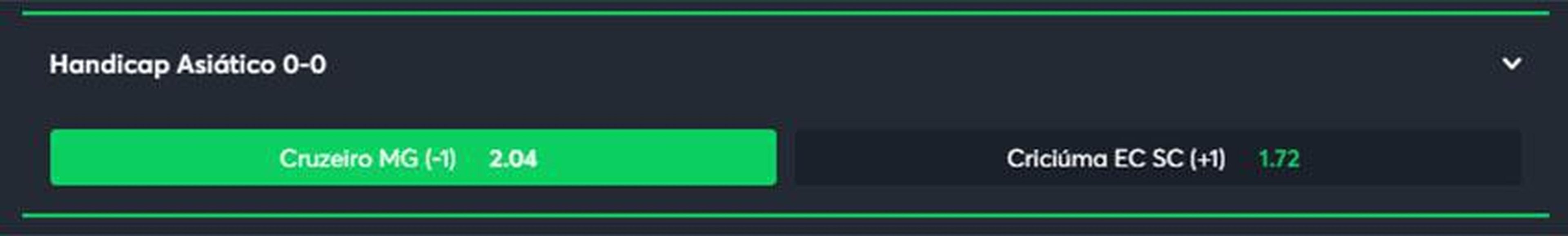 Cruzeiro handicap asitico -1 contra o Cricima (odd 2.04) - O Cruzeiro  o melhor mandante da Srie B, com 12 vitrias e um empate (em jogo realizado em Braslia). O time vem jogando bem diante da torcida, que deve fazer grande festa no Mineiro. O Cricima, por outro lado, s tem duas vitrias em 13 jogos como visitante. Na dica, o Cruzeiro precisa vencer por dois gols de vantagem. Em caso de triunfo por vantagem simples, teremos reembolso. 
